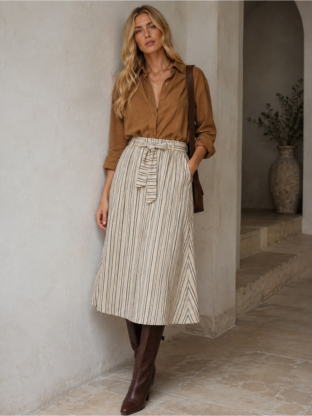 RW&CO. Size 2 Linen Blend Striped Midi Skirt | Tie Waist | Coastal Chic
